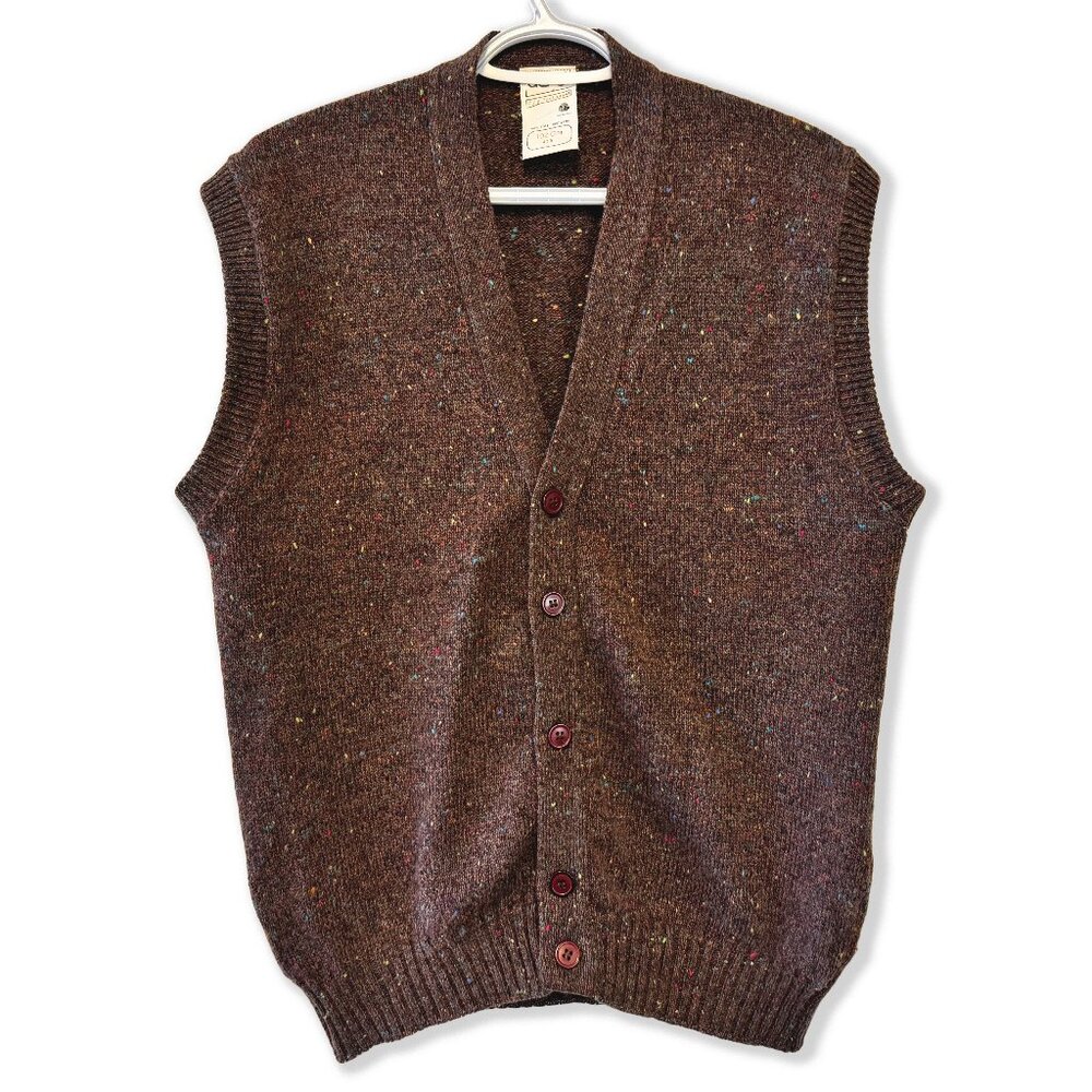 Vintage 70s Wool Knit Vest with Color Fleck Brown Button-Up Grandpacore Cottage